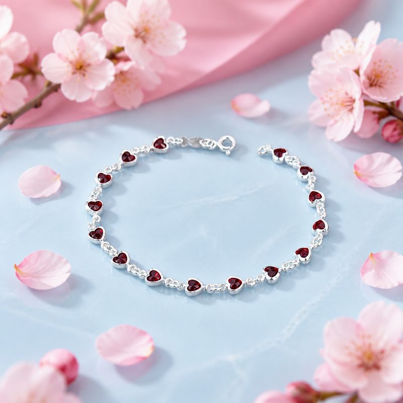 Pulsera Corazones Rojos mide 7.5" Plata 925 Mexicana