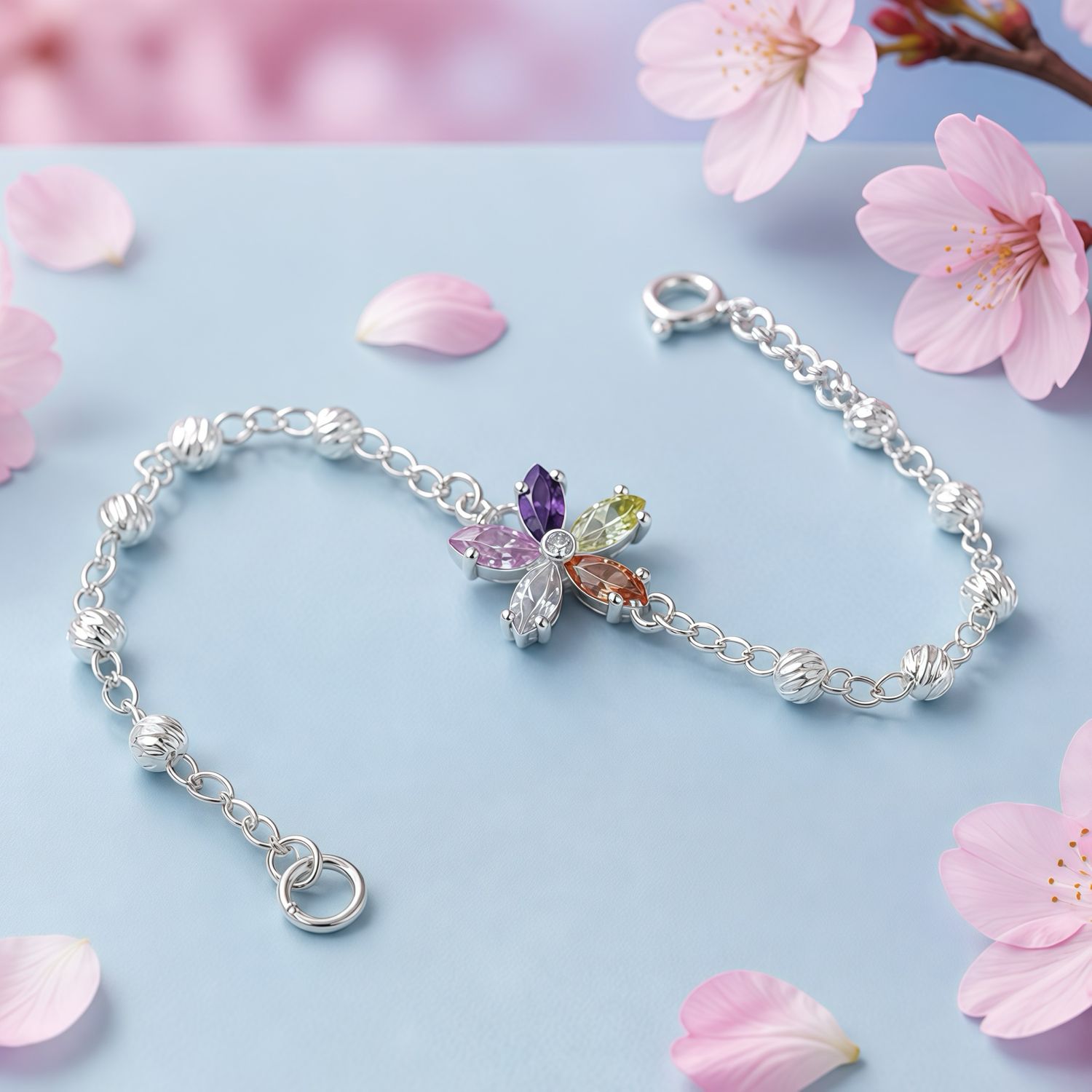 Pulsera Flor Multicolor con bolitas fachadas mide 7" de largo, Plata 925 mexicana