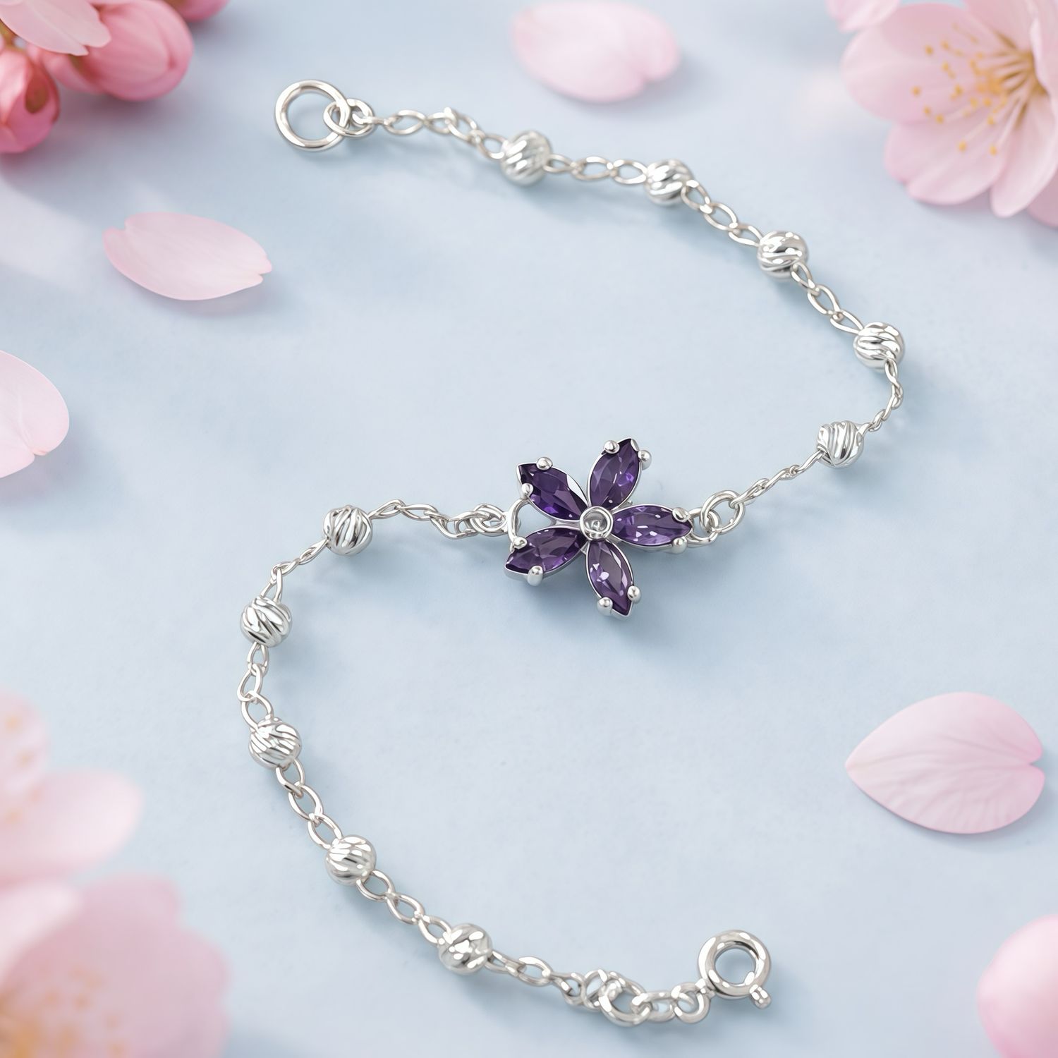 Pulsera Flor Morada  con bolitas fachadas  mide 7" de largo, Plata 925 mexicana