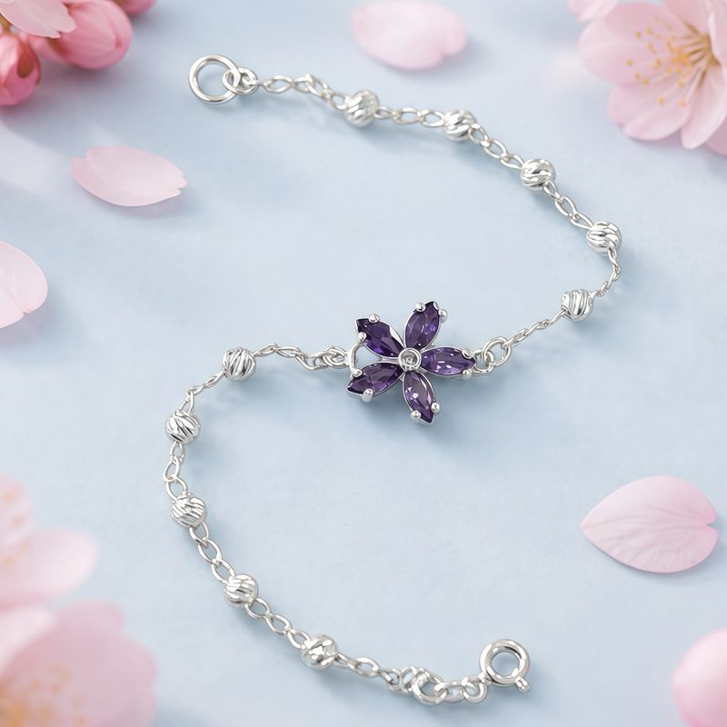 Pulsera Flor Morada  con bolitas fachadas  mide 7" de largo, Plata 925 mexicana