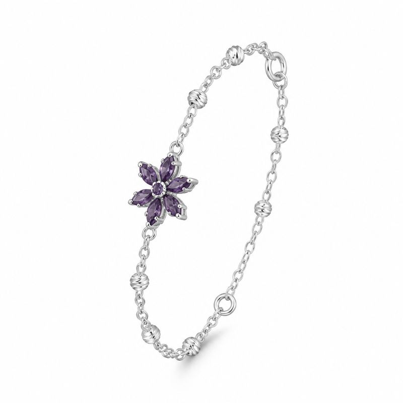 Pulsera Flor Morada  con bolitas fachadas  mide 7" de largo, Plata 925 mexicana
