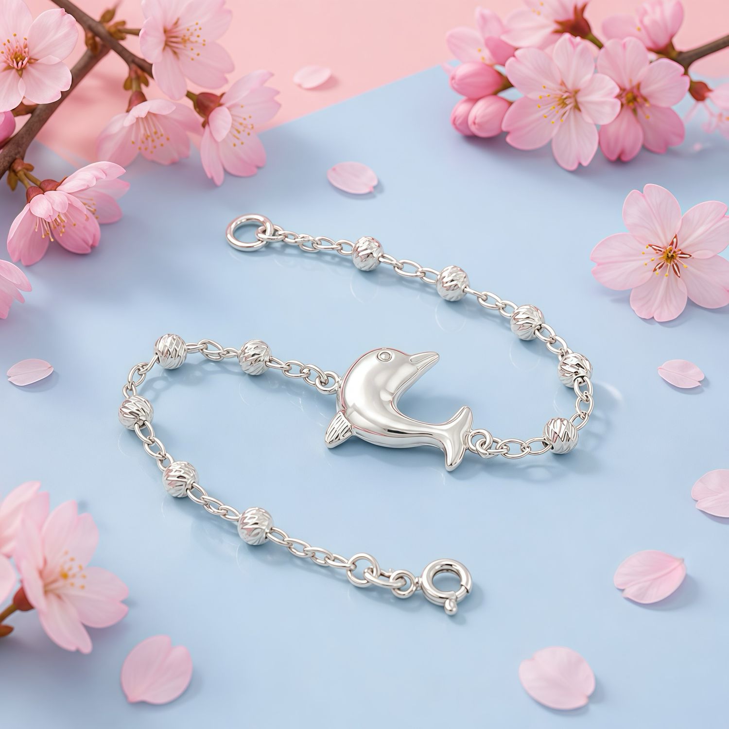 Pulsera Bola facetada con Delfin 7" de largo. Plata 925 mexicana