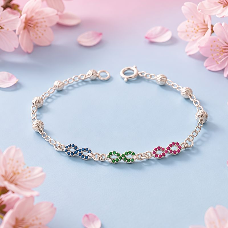 Pulsera INFINITOS multicolor  mide 7.5" de largo, en Plata 925 Mexicana