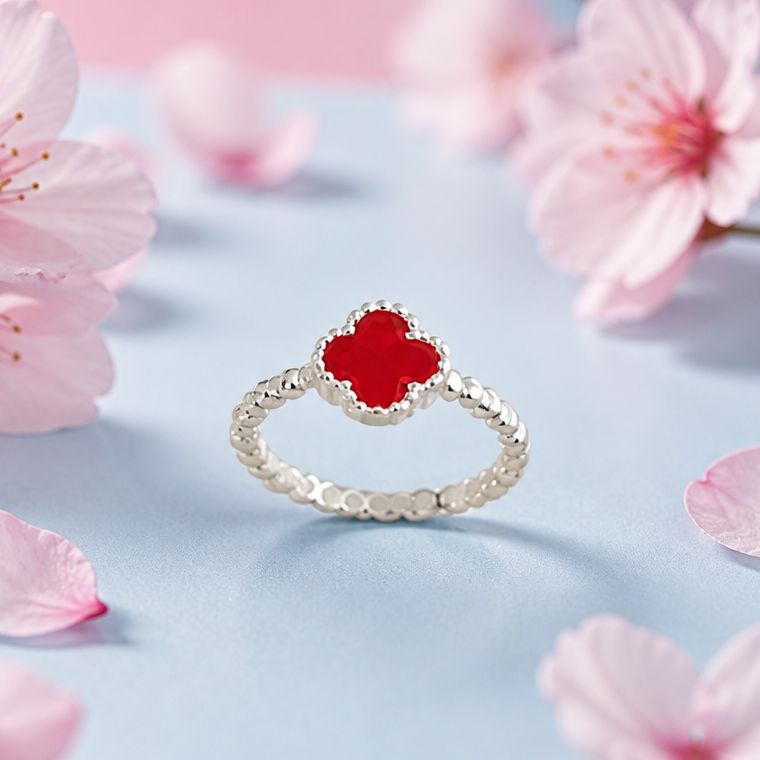 Anillo Nina Trébol Rojo talla 4.5 Plata 925