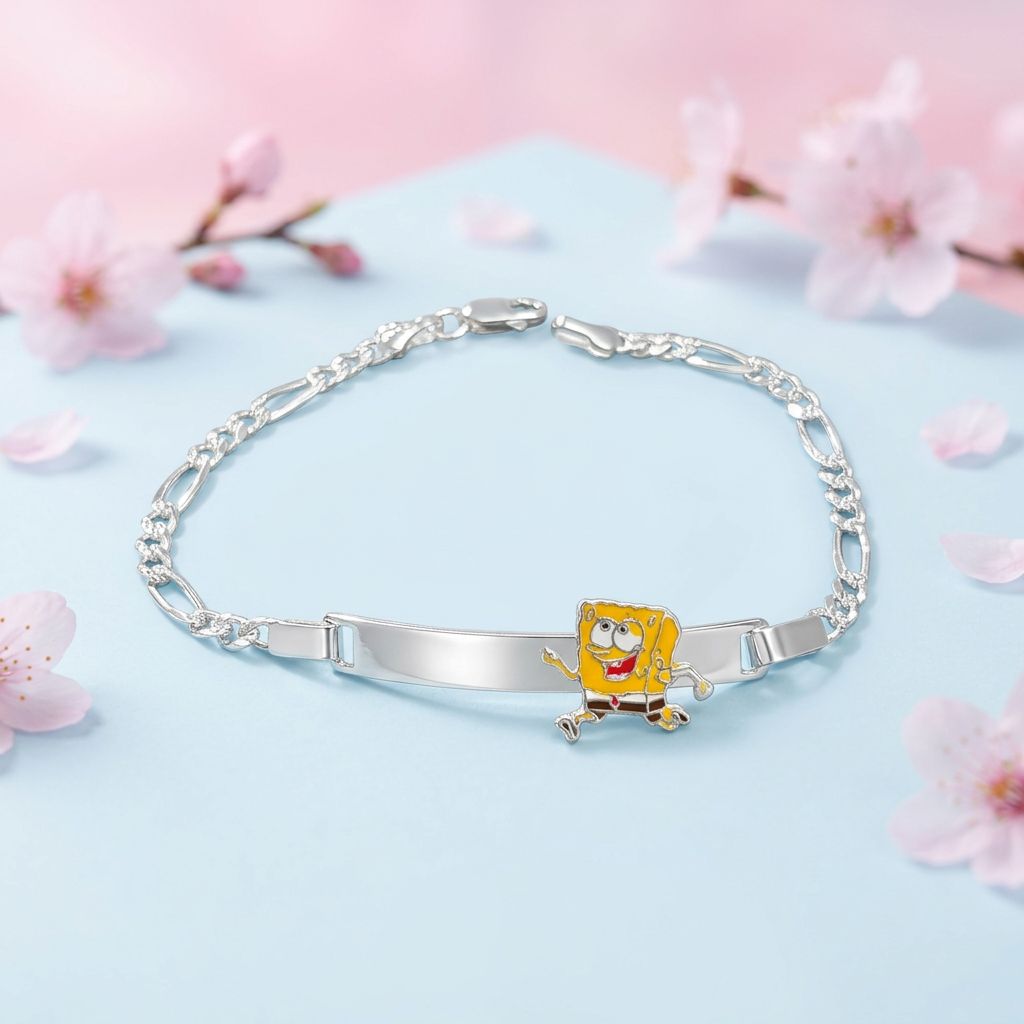 pulsera Figaro con Plaquita esponja mide 6" Plata Mexicana