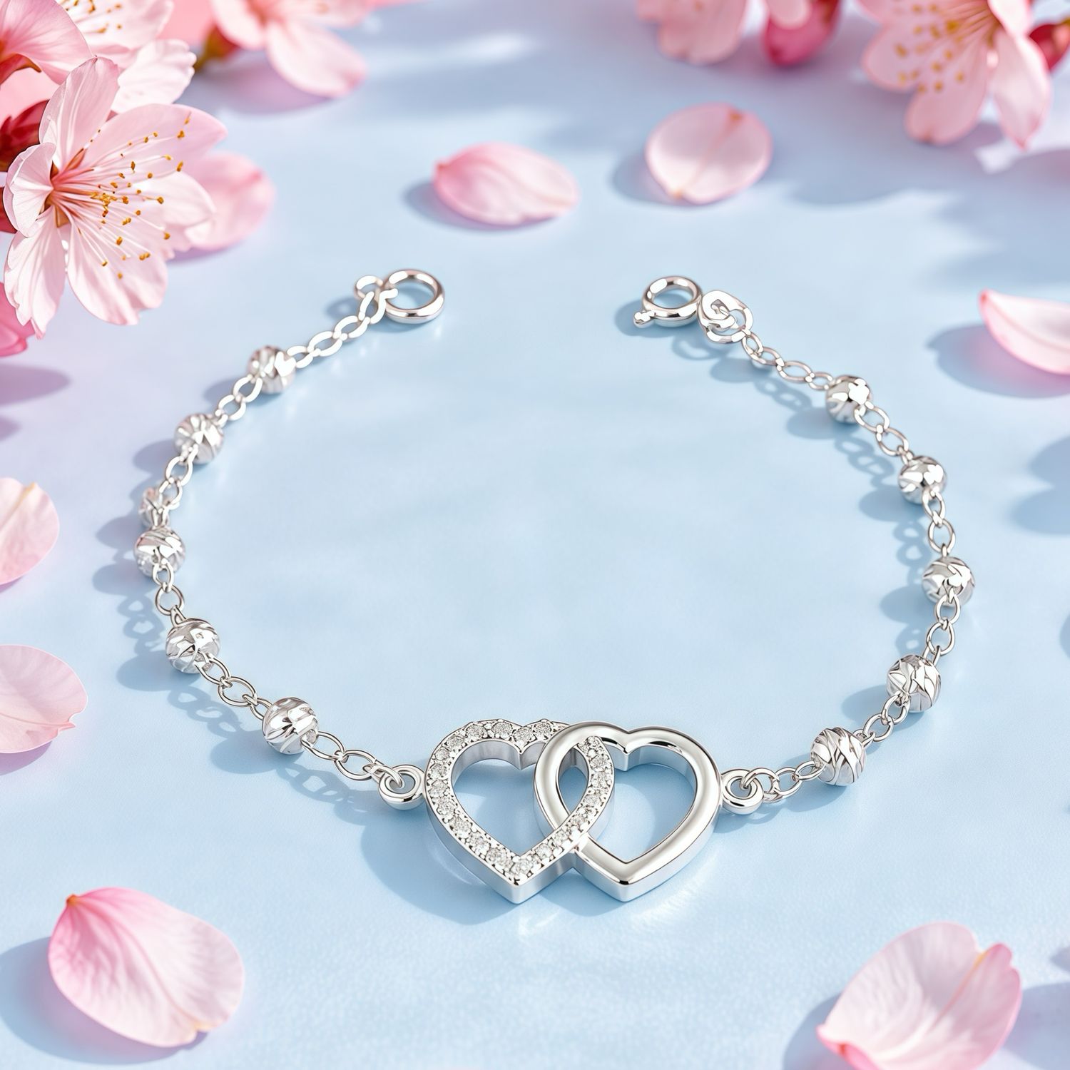Pulsera Doble corazon Micropabe &amp;" de largo, Plata 925 Mexicana