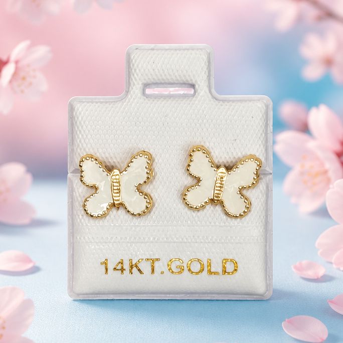Broquel Mariposa Blanca Esmaltada Oro 14k Mexicano