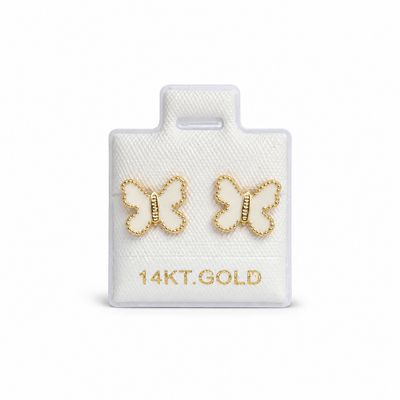 Broquel Mariposa Blanca Esmaltada Oro 14k Mexicano