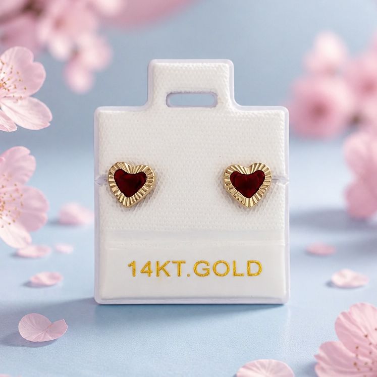 Broquel Bisel Corazon Rojo 6mm Oro 14K Mexicano