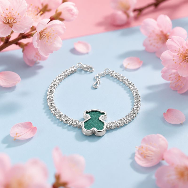 Pulsera Osito Verde ZC's Blancas Plata 925 Mexicana