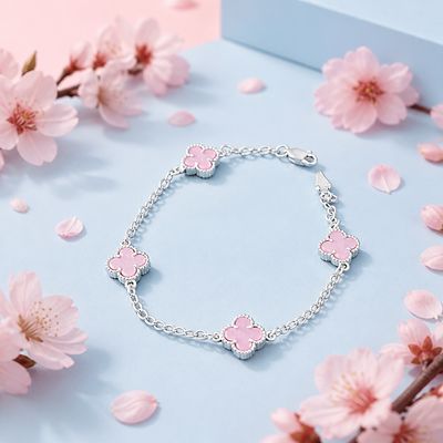 Pulsera Trébol Rosa Pastel Plata 925 MX