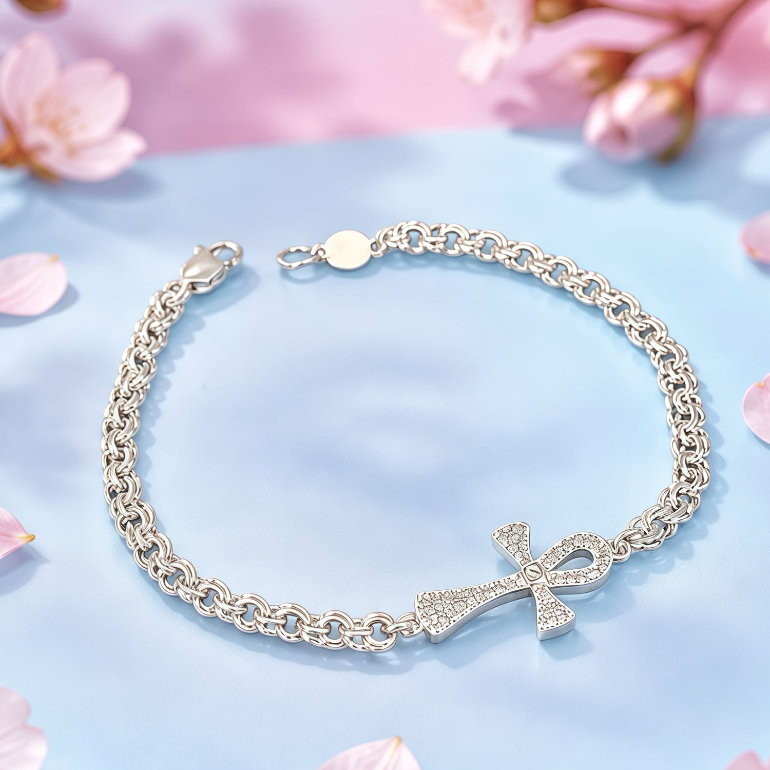 Pulsera Tejido Chino Cruz Egipcia Plata 925 Mexicana