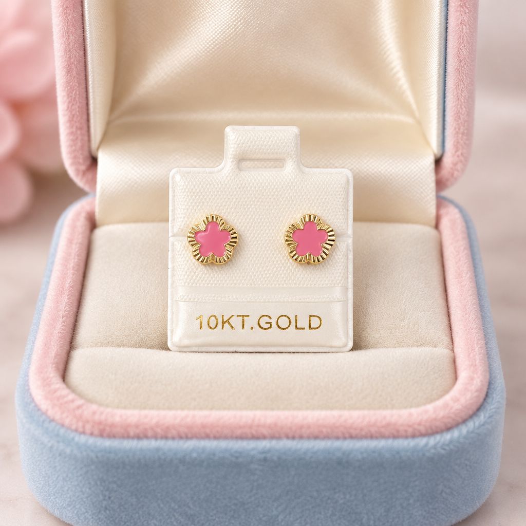 Broquel Flor Diamantada Esmaltada Oro 10K Mexicano