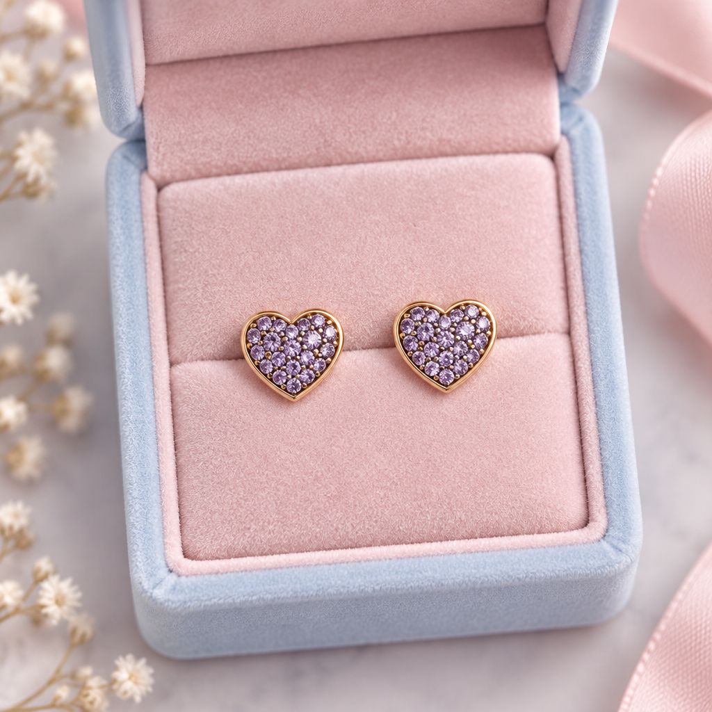 Broquel Corazon cristales Lilas Oro 10K Mexicano