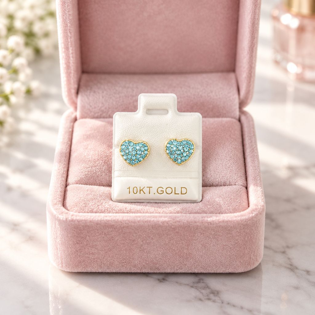 Broquel Corazon cristales Aqua Oro 10K Mexicano