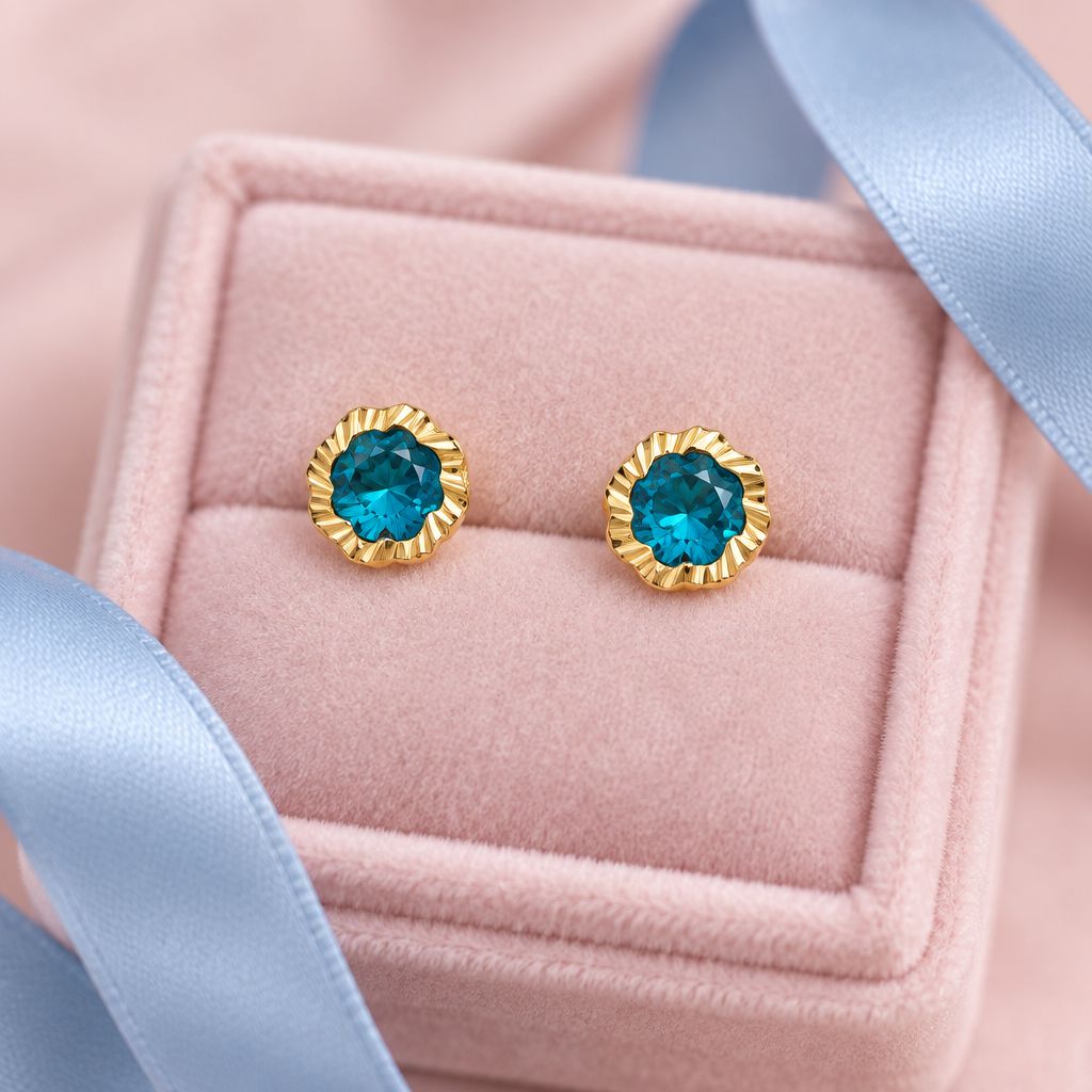 Broquel Flor Bisel Diamantado Aqua 6.5MM Oro 10K