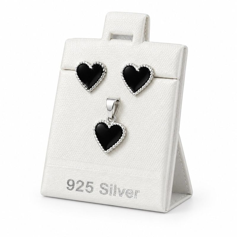 Set Broquel y Dije Corazon Negro Plata 925 Mexicana
