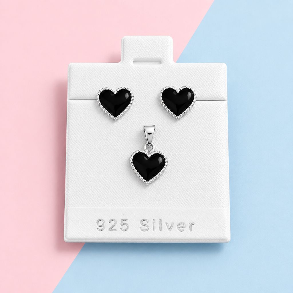 Set Broquel y Dije Corazon Negro Plata 925 Mexicana
