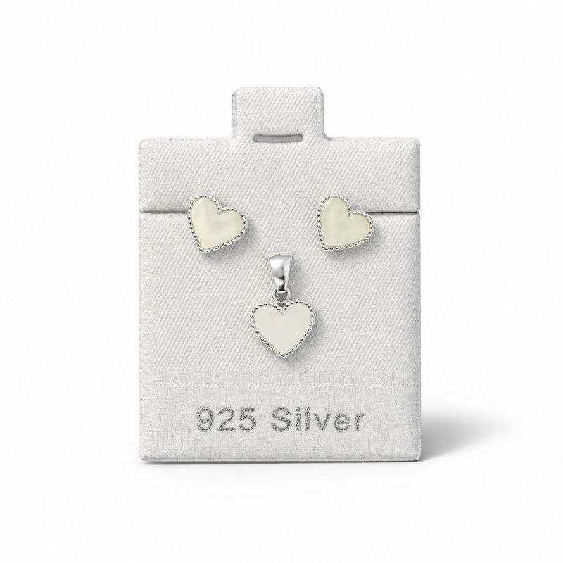 Set Broquel y Dije Corazon Blanco Plata 925 Mexicana