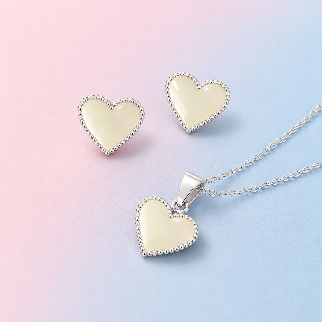 Set Broquel y Dije Corazon Blanco  Plata 925 Mexicana