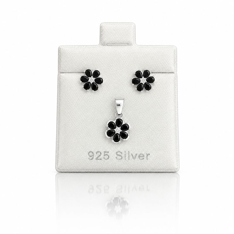 Set Broquel y Dije Flor Negro Plata 925 Mexicana