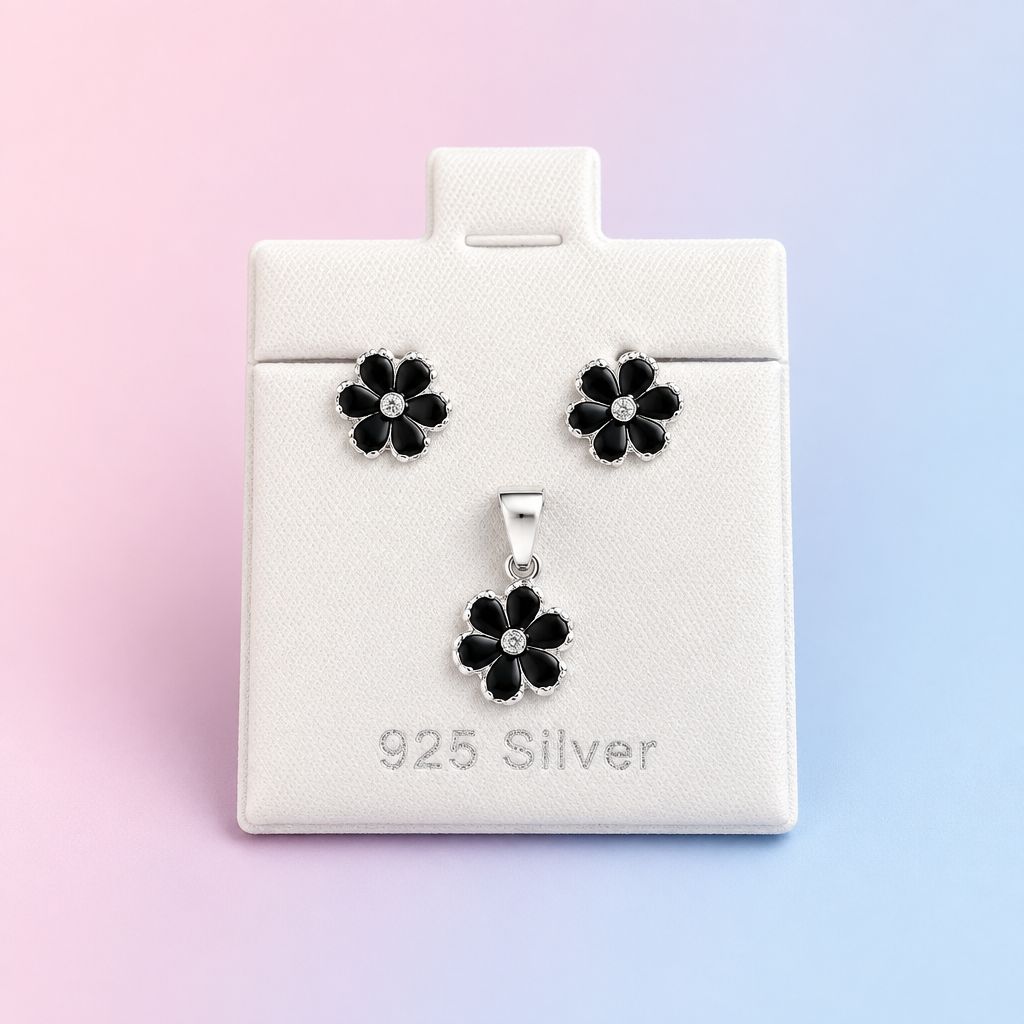Set Broquel y Dije Flor Negro Plata 925 Mexicana