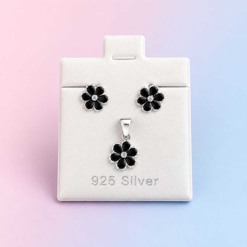 Set Broquel y Dije Flor Negro Plata 925 Mexicana Set Broquel y Dije Flor Negro Plata 925 Mexicana