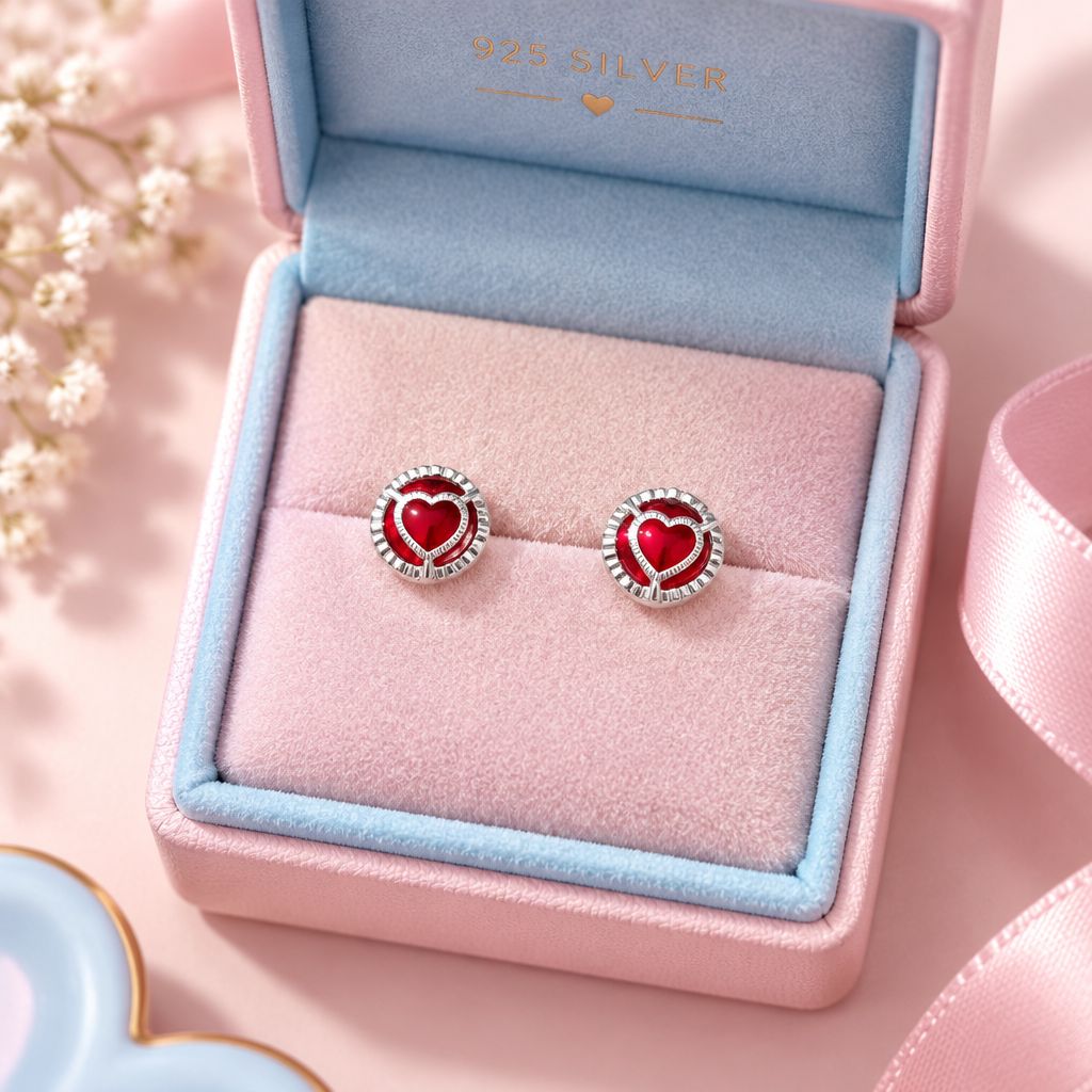 Broquel Bisel redondo Corazon Rojo Plata 925