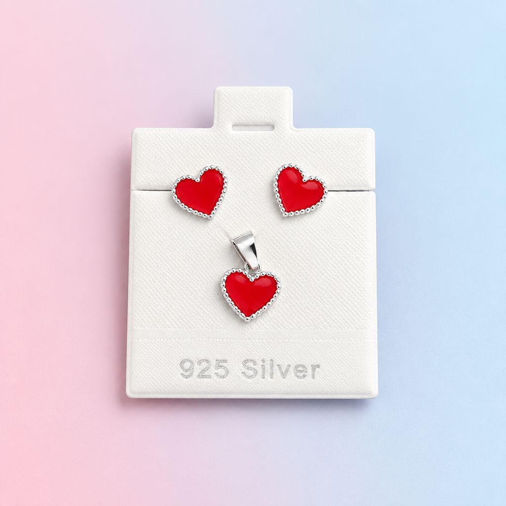 Set Broquel y Dije Corazon Rojo Plata 925 Mexicana