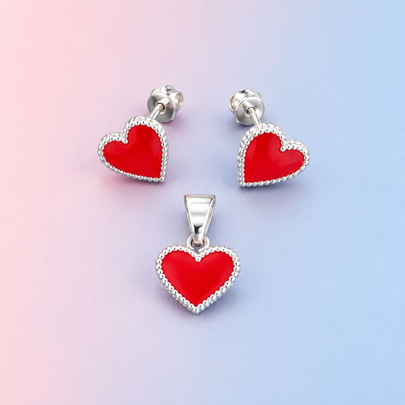 Set Broquel y Dije Corazon Rojo Plata 925 Mexicana