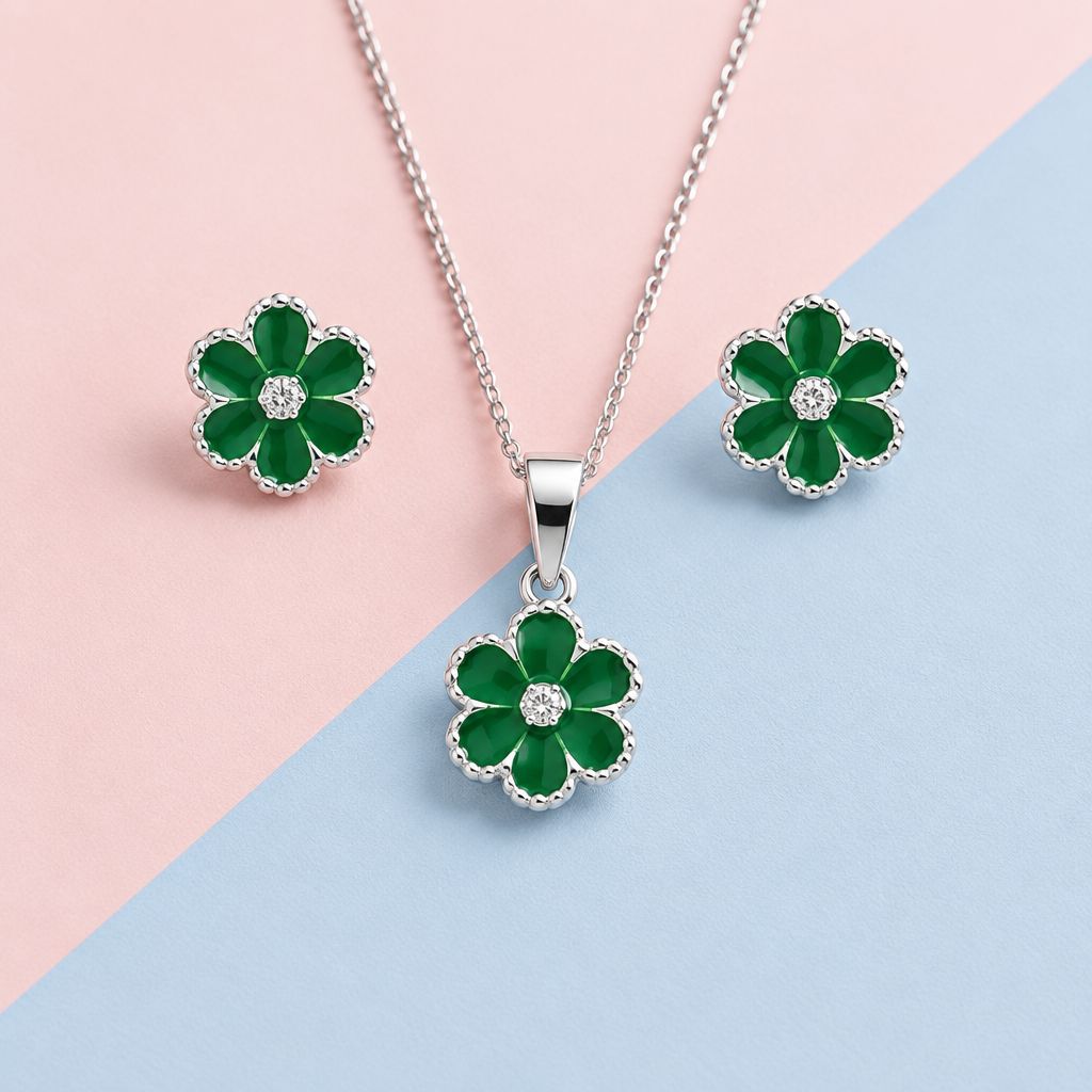 Set Broquel y Dije Flor Verde Plata 925 Mexicana