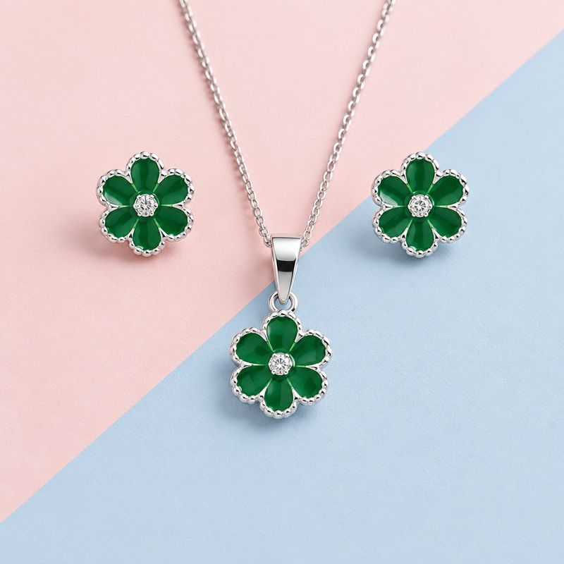 Set Broquel y Dije Flor Verde Plata 925 Mexicana Set Broquel y Dije Flor Verde Plata 925 Mexicana