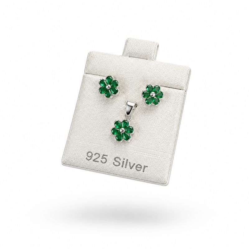 Set Broquel y Dije Flor Verde Plata 925 Mexicana