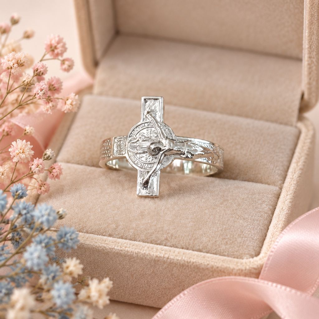 Anillo San Benito Cruz Plata 925 Plata 925 Mexicana