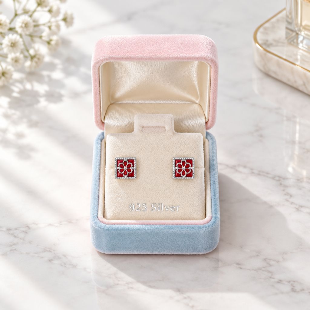 Broquel Bisel Cuadrado Flor Rojo Plata 925