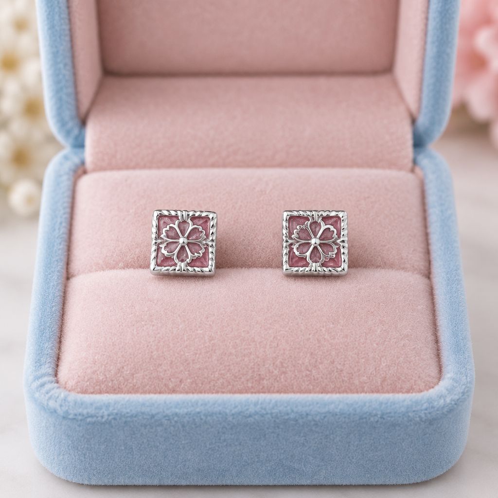 Broquel Bisel Cuadrado Flor Rosa Plata 925