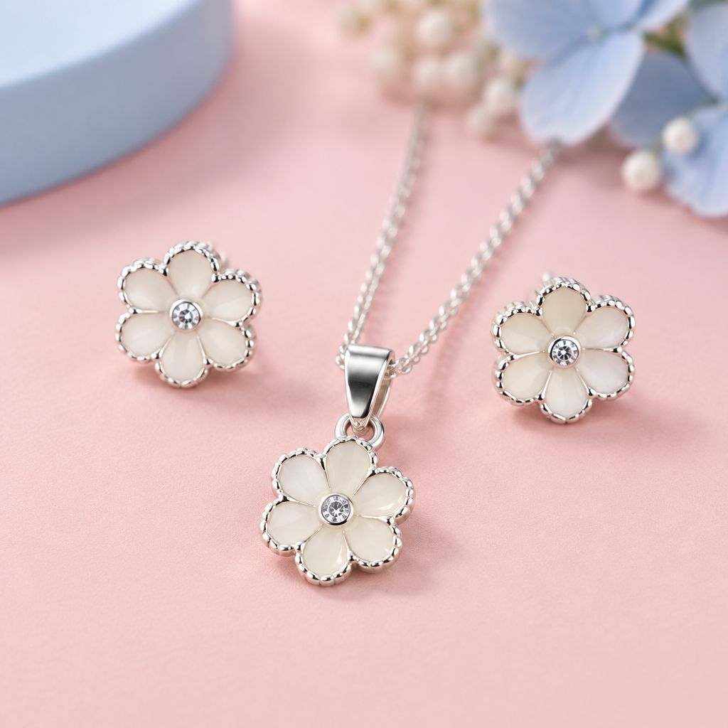 Set Broquel y Dije Flor Blanco Plata 925 Mexicana