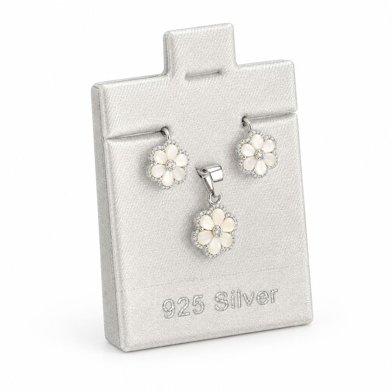 Set Broquel y Dije Flor Blanco Plata 925 Mexicana
