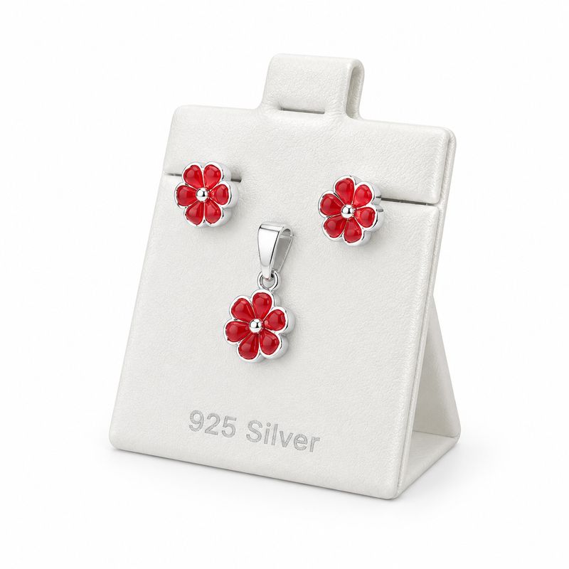 Set Broquel y Dije Flor Roja Plata 925 Mexicana