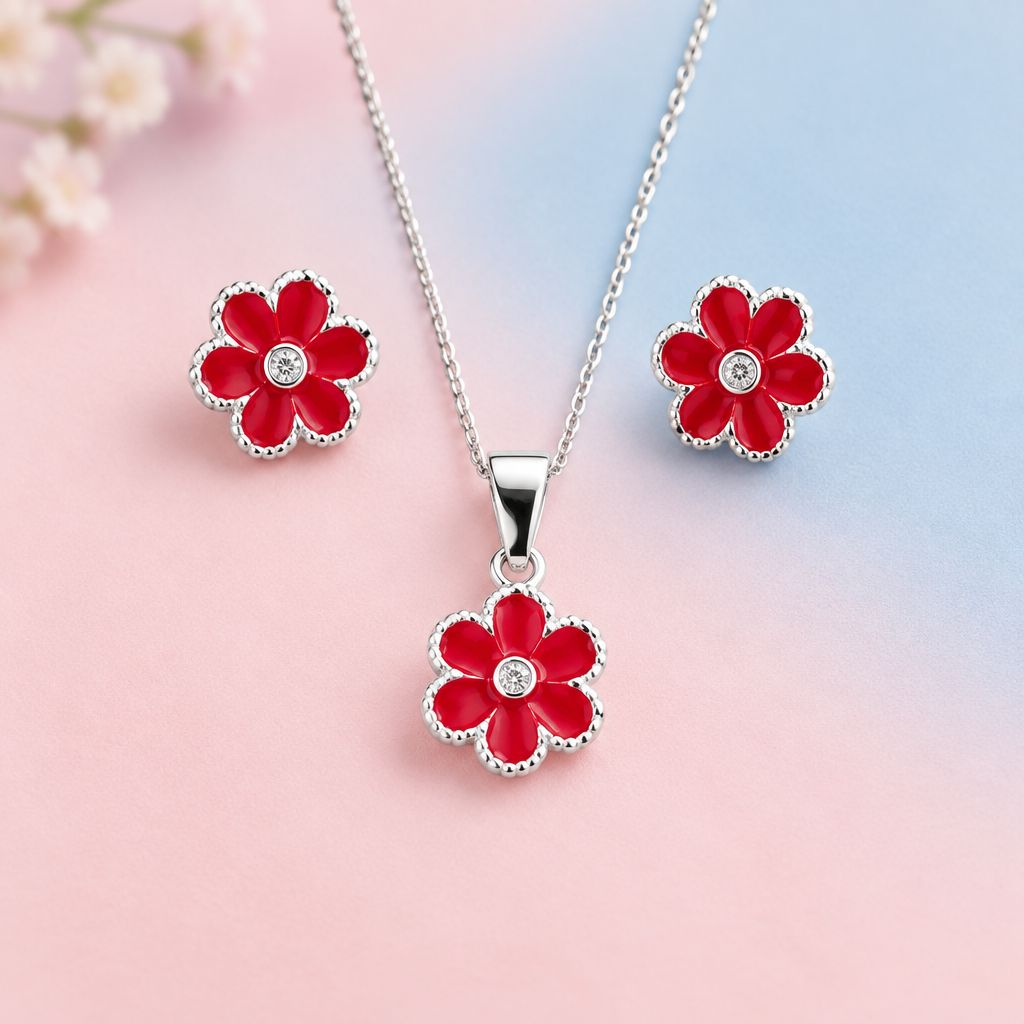 Set Broquel y Dije Flor Roja Plata 925 Mexicana