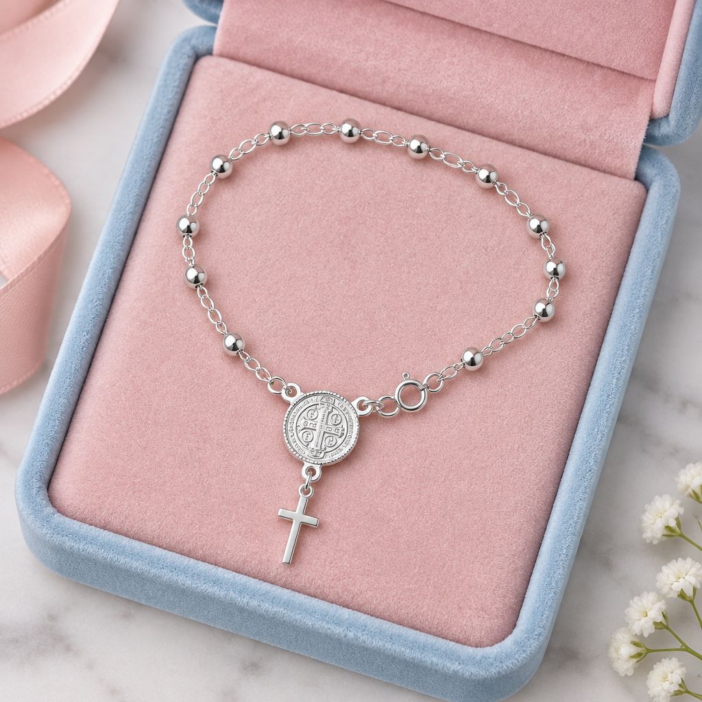 Pulsera Misterio San Benito  6.5"  Plata 925 Mexicana