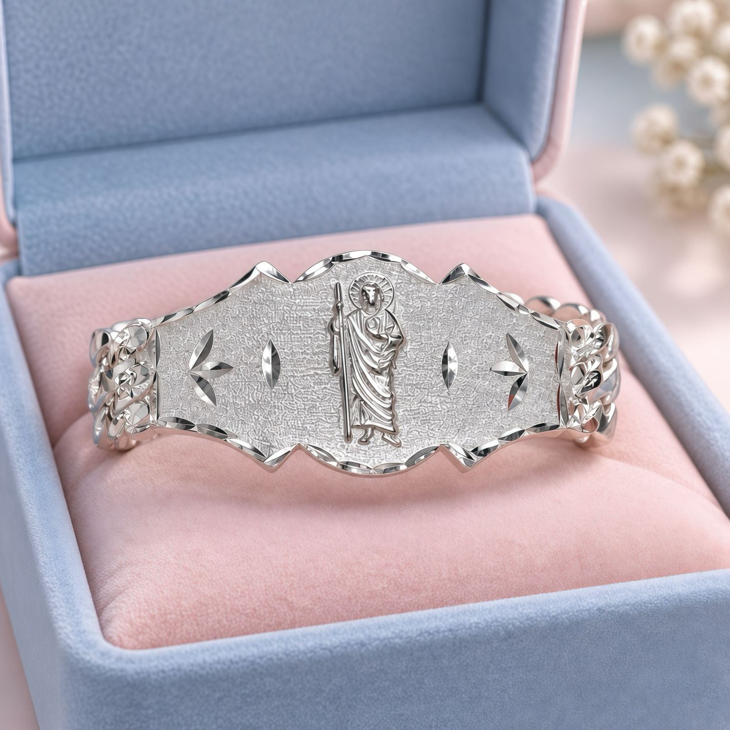 Pulsera Figaro San Judas Diamantada Plata 925 Mexicana