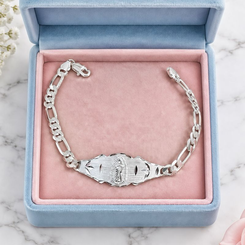 Pulsera Figaro Virgen Guadalupe 7" Diamantada Plata 925 Mexicana