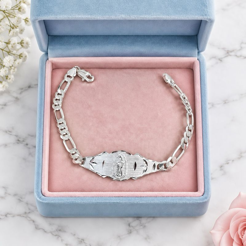 Pulsera Figaro Virgen Guadalupe 7" Diamantada Plata 925 Mexicana