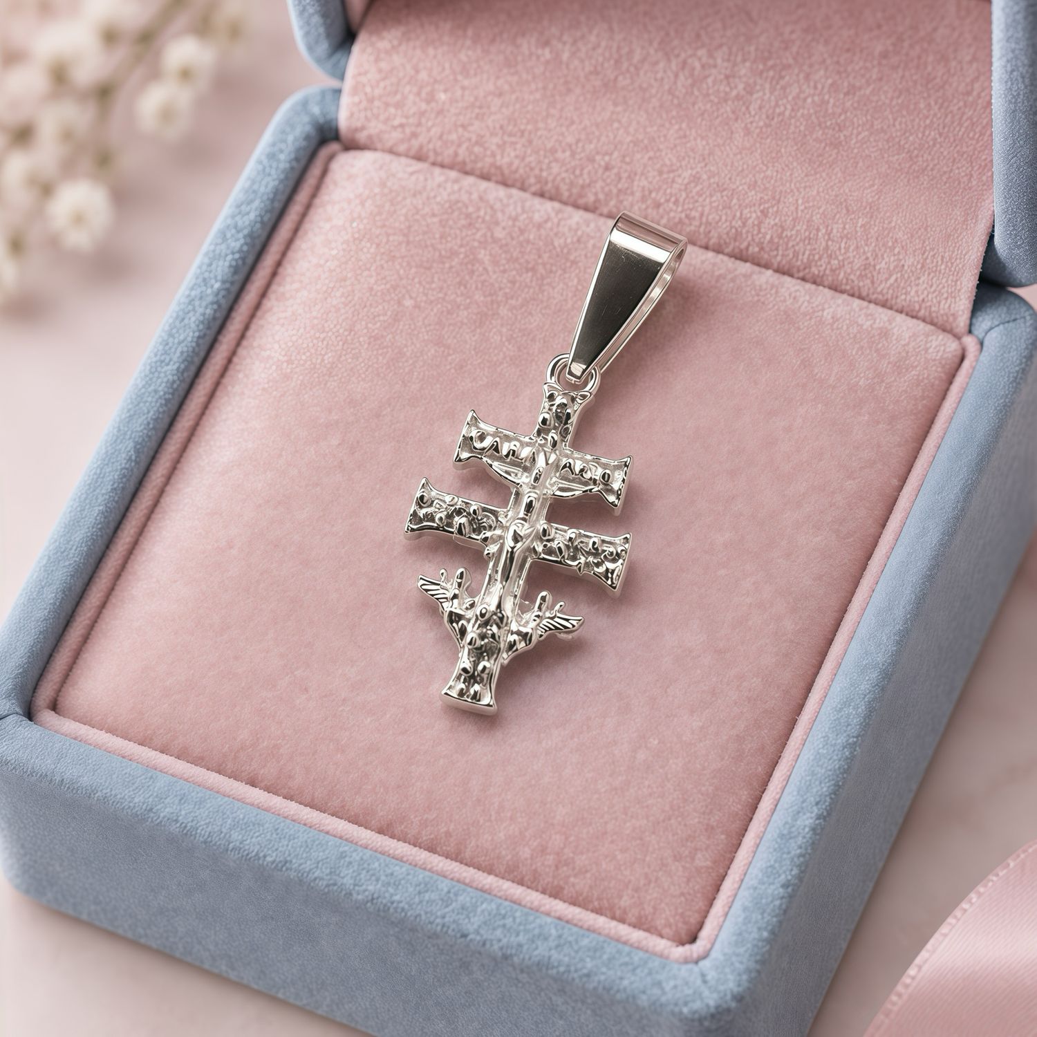 Dije Cruz de Caravaca con Piedra Blanca mide 2cm, Plata 925 Mexicana