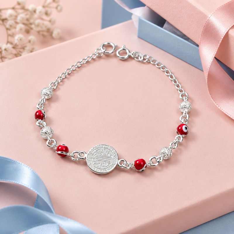 Pulsera San Benito Protector ojitos Rojos Plata 925