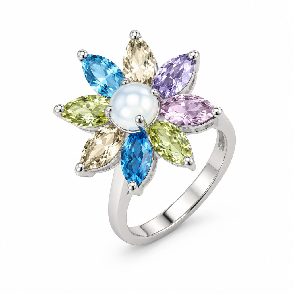 Anillo Giratorio Flor marqués Plata 925 Mexicana