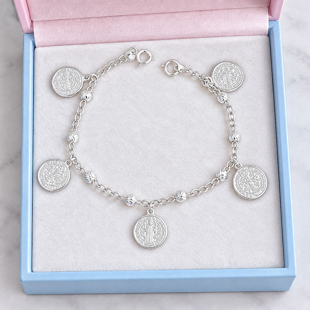 Pulsera  monedas San Benito  7"  Plata 925 Mexicana