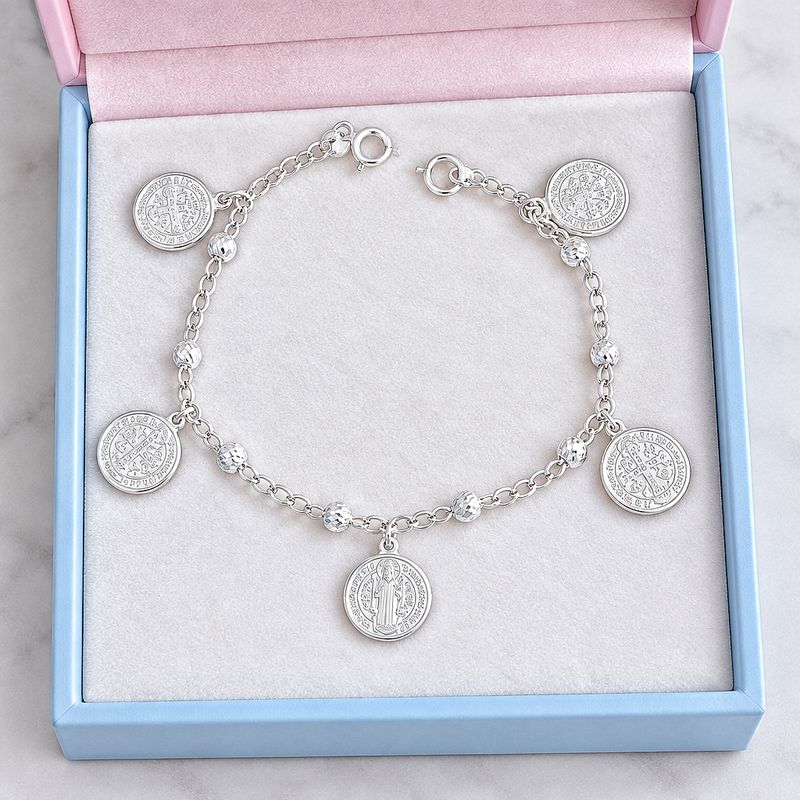 Pulsera  monedas San Benito  7"  Plata 925 Mexicana