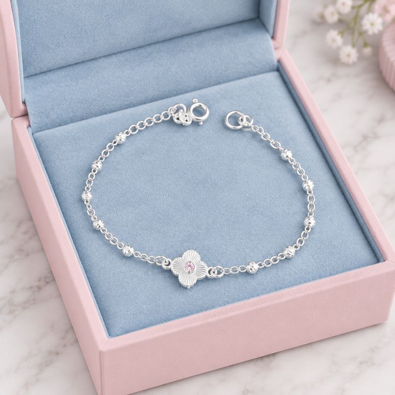 Pulsera Trébol piedra Rosa Plata 925 Mexicana